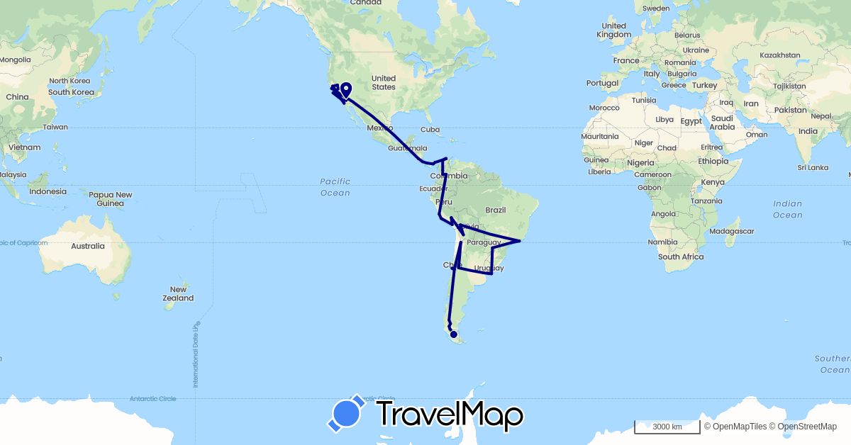 TravelMap itinerary: driving in Argentina, Bolivia, Brazil, Chile, Colombia, Costa Rica, Nicaragua, Panama, Peru, United States, Uruguay (North America, South America)